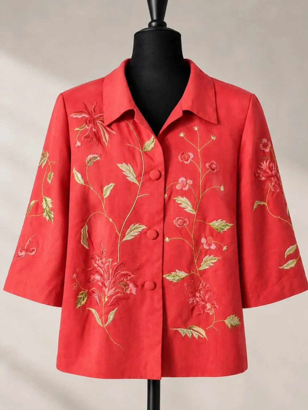 Vintage Maggy London 100% Silk Embroidered Floral Jacket 18 Coral